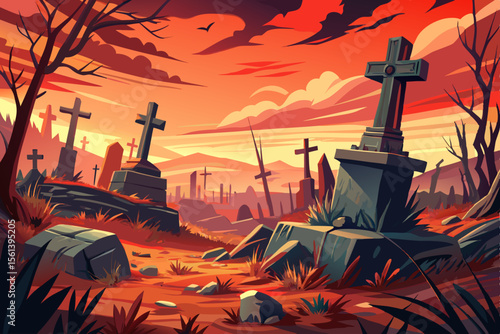 Overexposed cemetery scene at noon with sun-bleached tilted crosses and dry grass, evoking an eerie, desolate atmosphere under harsh daylight in an abandoned graveyard