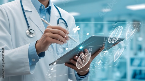 A doctor uses a digital tablet to review medical data, with holographic images of a brain and heart