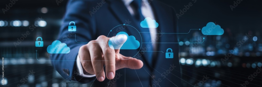 Fototapeta premium Person interacts with a digital cloud computing interface.