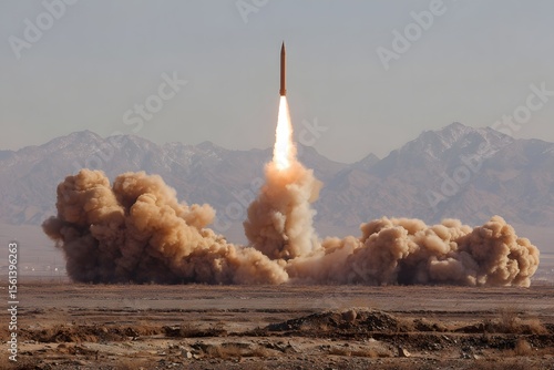 Missile Launch with Smoke and Mountains.