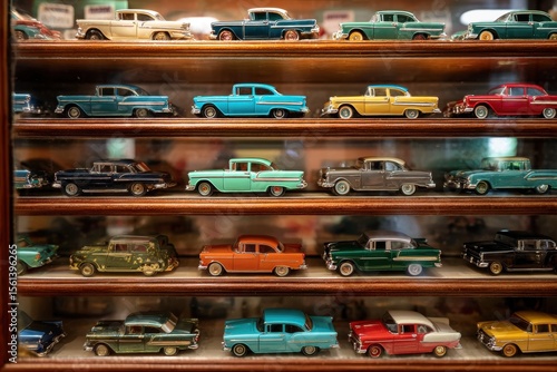 Wallpaper Mural A shelf displays a collection of vintage model cars, their shiny exteriors reflecting light, evoking nostalgia and a passion for classic automobiles. Torontodigital.ca