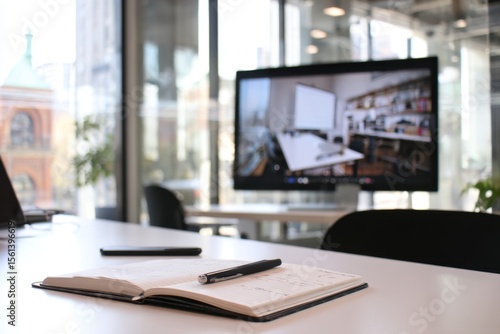 Wallpaper Mural Modern office workspace with a notebook and pen in the foreground, video conference on the screen Torontodigital.ca