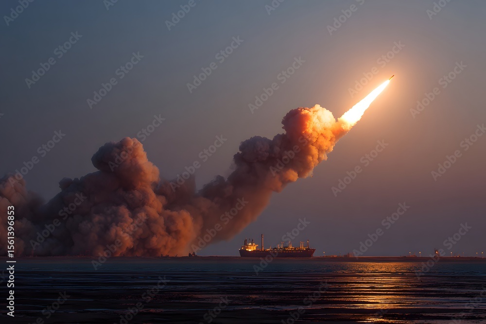 Fototapeta premium Rocket Launch at Dusk Over Calm Waters.