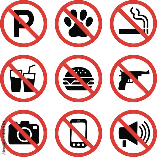 Prohibited Activities Warning Signs Collection With Red Circle Slash Symbols Including Parking Smoking Food Weapons Phones Noise

