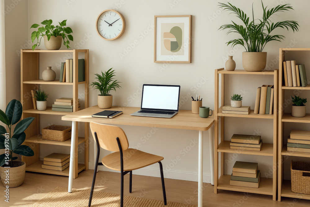 Light wood desk with laptop and plants bookshelves books Light wood desk with laptop and plants bookshelves books