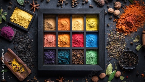 Fototapeta Naklejka Na Ścianę i Meble -  Colorful spice powders in a wooden box, surrounded by various spices and herbs