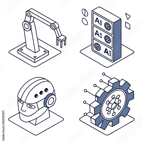Isometric illustrations of robotic arm, data storage, robot head, and gear, all in a modern style.
