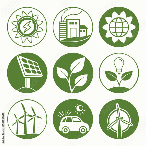 Green energy icons illustrate sustainable solutions, renewable resources, and eco-friendly technologies.