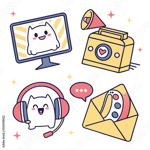 Cute cartoon cat vlogging, broadcasting, and communicating online.