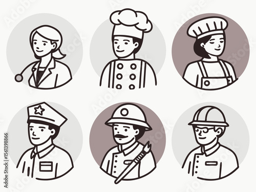 Six stylized illustrations of diverse professionals in various occupations, each within a circular frame.