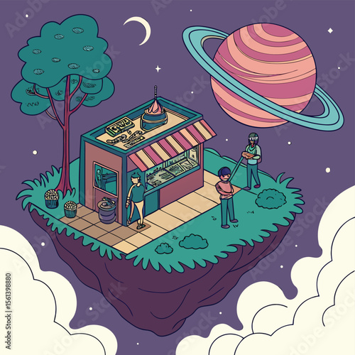 Isometric view of a floating island with a food stand, people, tree, and saturn in a dreamy night sky