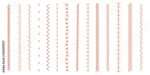 Sewing machine, embroidery border line zig zag hatch. Geometric fabric needlework, thread sew brushes, sewing seams. 