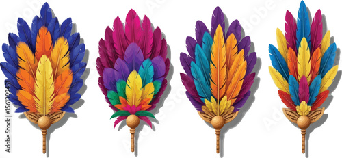 Colorful feather fans illustration set decorative design elements isolated