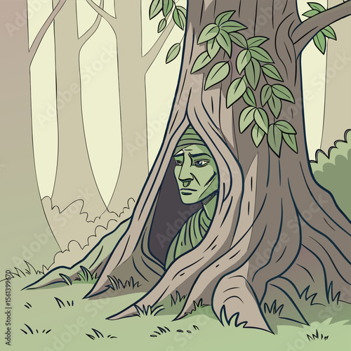 Green skinned man with headwrap sitting inside a tree trunk in a forest environment illustration