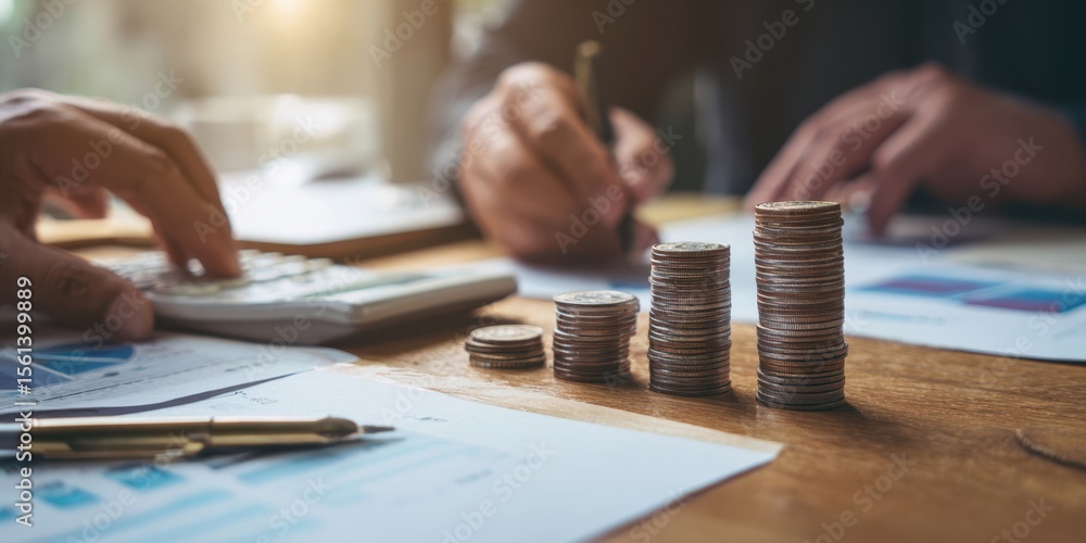The stacks of coins showcasing financial growth and monetary calculations in an office setting. The stacks of coins showcasing financial growth and monetary calculations in an office setting.
