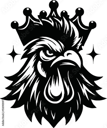 silhouette angry rooster head with crown vector logo isolated on white background