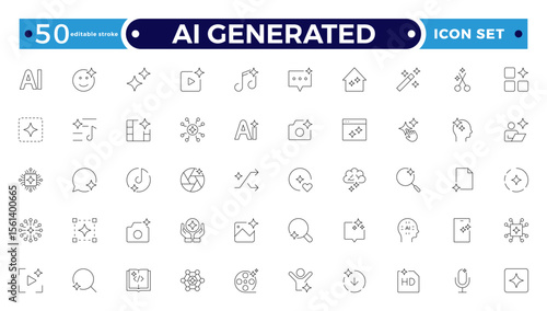 Artificial intelligence Outline icon set. featuring chat, magic, sparkle, stars, prompt, AI, creativity and ai generated icons minimal thin line web icon set. Editable stroke outline icon.