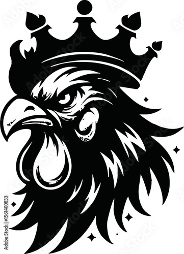 silhouette angry rooster head with crown vector logo isolated on white background