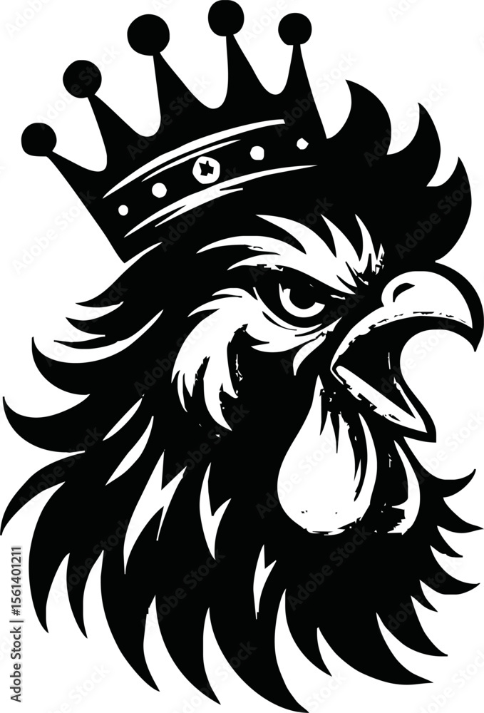 Fototapeta premium silhouette angry rooster head with crown vector logo isolated on white background
