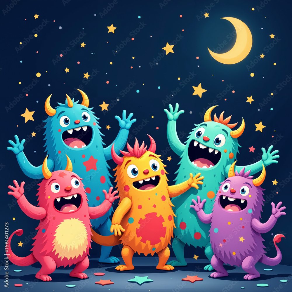 Obraz premium Colorful cartoon monsters celebrating under the moon, playful and cheerful atmosphere, whimsical night sky background