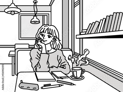 カフェで頬杖をついて微笑んでいる若い女性