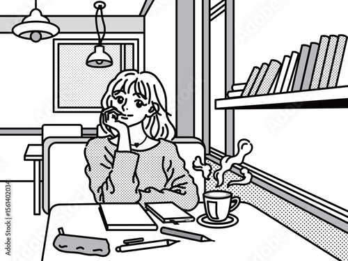 カフェで頬杖をついて微笑んでいる若い女性