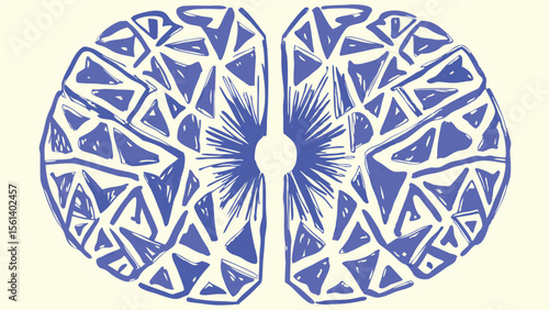 Abstract brain illustration with geometric patterns and radiating lines in blue color scheme design element