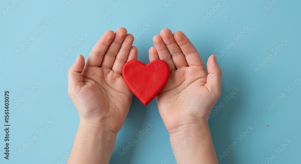 Fototapeta premium Hands cupping red heart shape turquoise background protection love care symbol. Person holding heart gesture charity support compassion. Love kindness concept banner horizontal