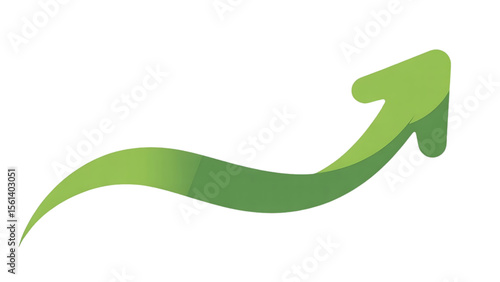 Green arrow curving upwards isolated on a transparent background.