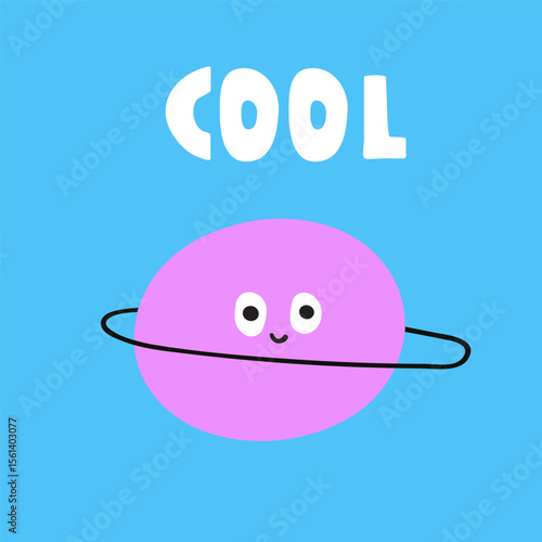 Cool planet. Saturn. Children art. Hand drawn vector illustration on white background. Funny design. Sticker, banner, T shirt design.