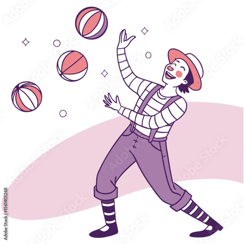 A cheerful clown in striped shirt juggling balls with a wide smile and playful expression on a light background