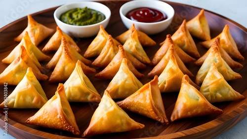 A wooden plate filled with samosas. The plate also contains a bowl of green chutney and red sauce. 