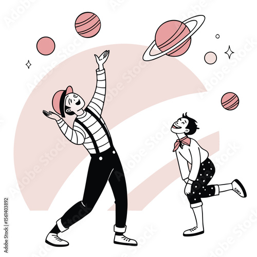Two mimes with planets and stars in a whimsical scene with a light pink background and white space design