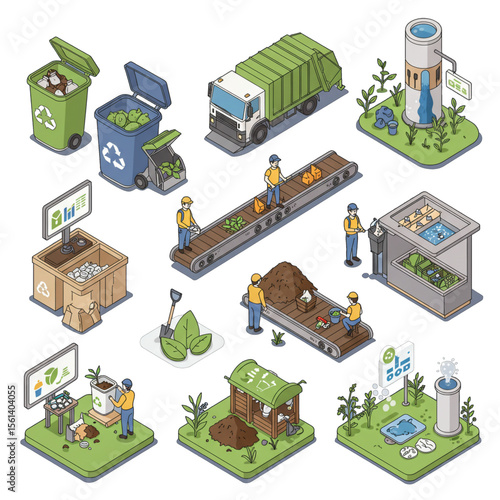 Isometric illustration showing a waste management process, including sorting, composting, and recycling, with workers and equipment.
