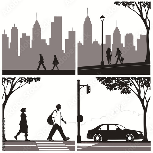 Four scenes depicting city life with pedestrians, a car, buildings, trees, and streetlights in silhouette