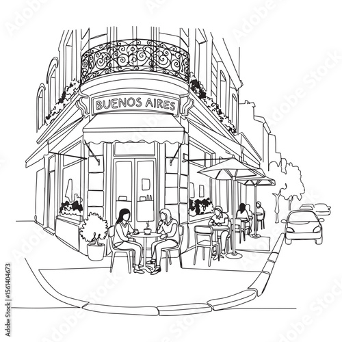 Buenos Aires cafe scene with people and cars outdoor seating