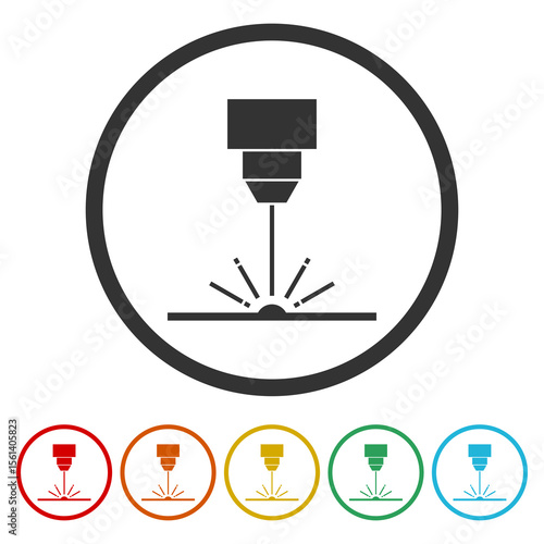 Laser engraving machine icon. Set icons in color circle buttons