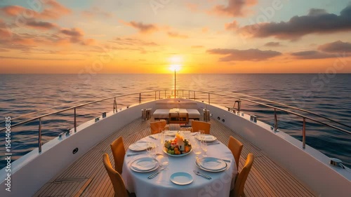 Romantic dinner on a yacht on a sunset a plate of fruit. The concept of a romantic date, vacation, travel, 4K