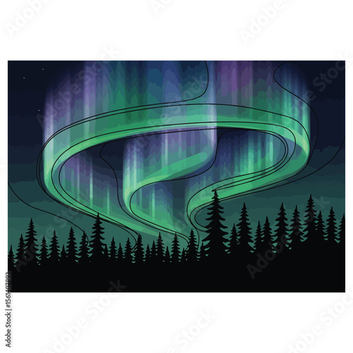 Green and purple aurora borealis over dark pine forest
