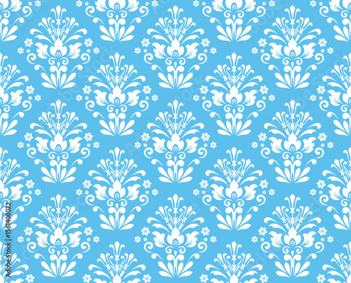 Wallpaper in the style of Baroque. White and blue floral ornament. Seamless vector background. Graphic pattern for fabric, wallpaper, packaging. Ornate Damask flower illustration
