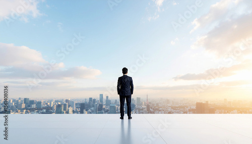 都会の高層ビルの屋上に立つ日本人サラリーマンが大都会の街並みを望む後ろ姿
