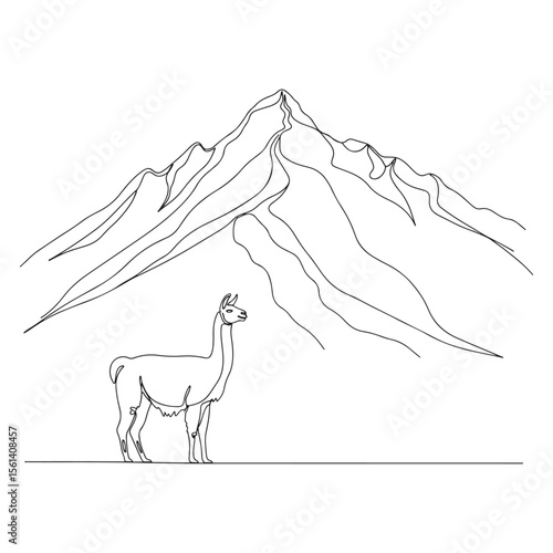 Llama standing in front of a mountain range line drawing