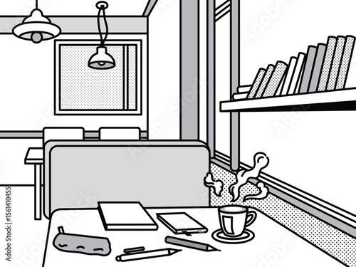 カフェでテーブルに私物を置いたまま人がいなくなった席のイラスト