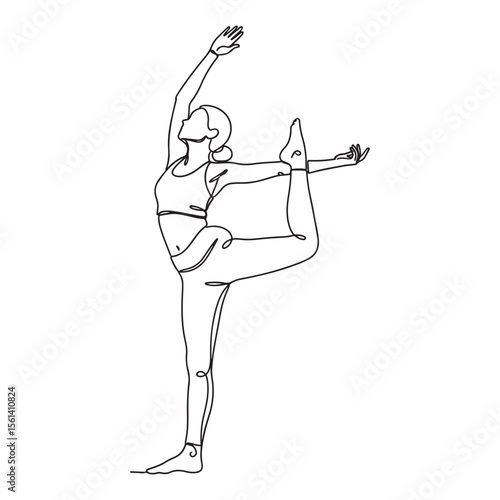 Woman performing yoga dancer pose continuous line drawing