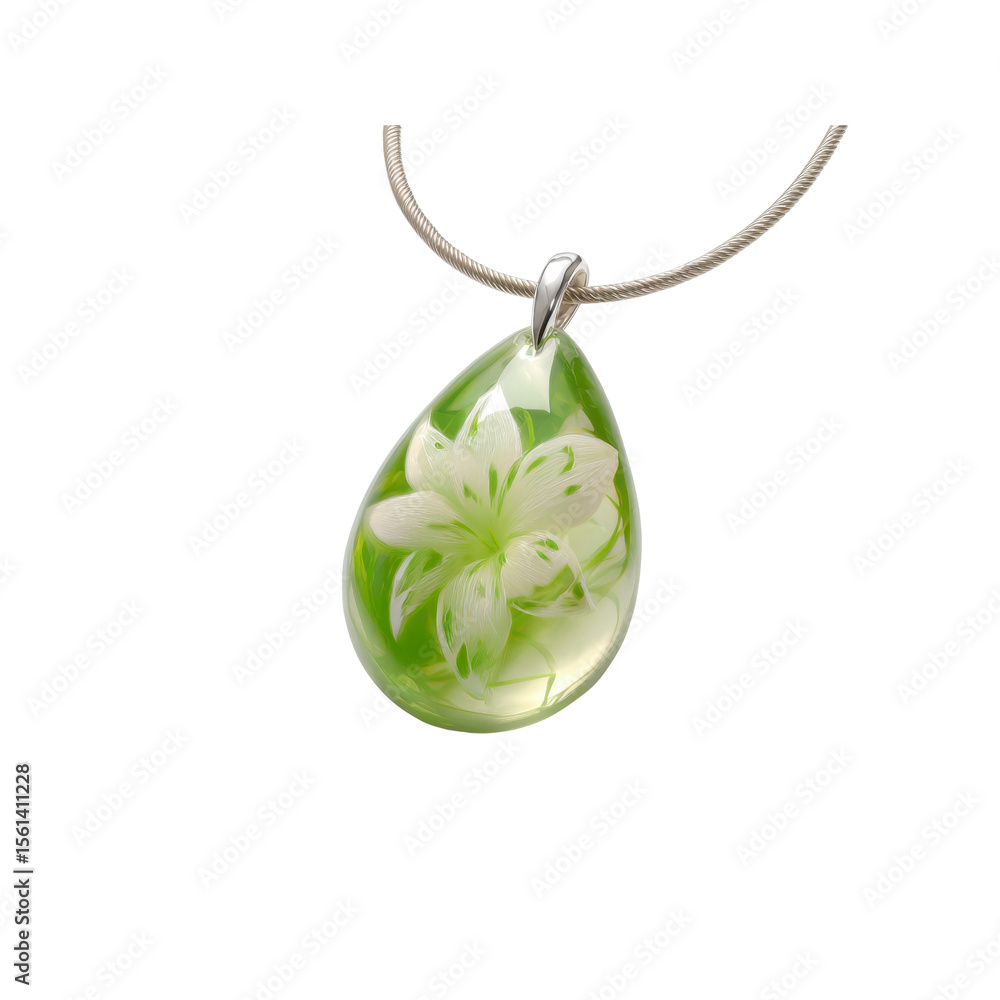 Obraz premium Elegant Green Resin Pendant Necklace with White Flower
