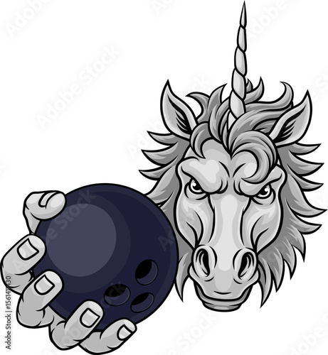 Unicorn horse stallion bowling angry sports team mascot holding a ball.