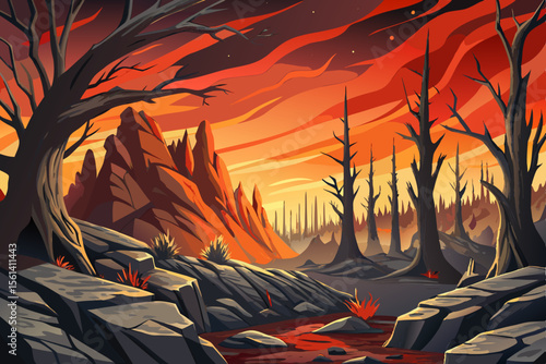 Burned forest landscape with smoldering ash, blackened tree trunks, and fallen limbs, depicting the aftermath of wildfire destruction in a haunting, smoky, desolate scene
