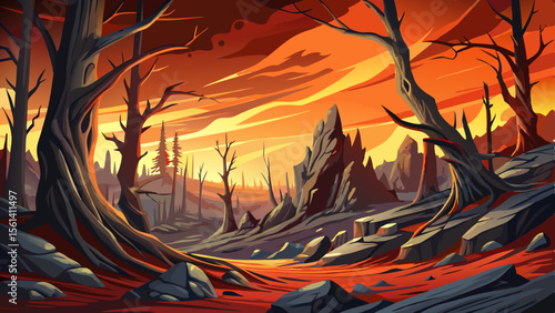 Burned forest landscape with smoldering ash, blackened tree trunks, and fallen limbs, depicting the aftermath of wildfire destruction in a haunting, smoky, desolate scene
