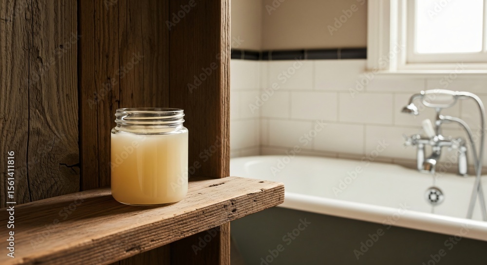 Fototapeta premium Jar of Petroleum Jelly on a Rustic Wooden Shelf in a Vintage-styled Bathroom