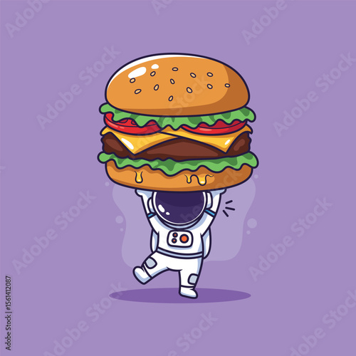 Cute Astronaut holding a giant cheeseburger in space Vector illustration.
